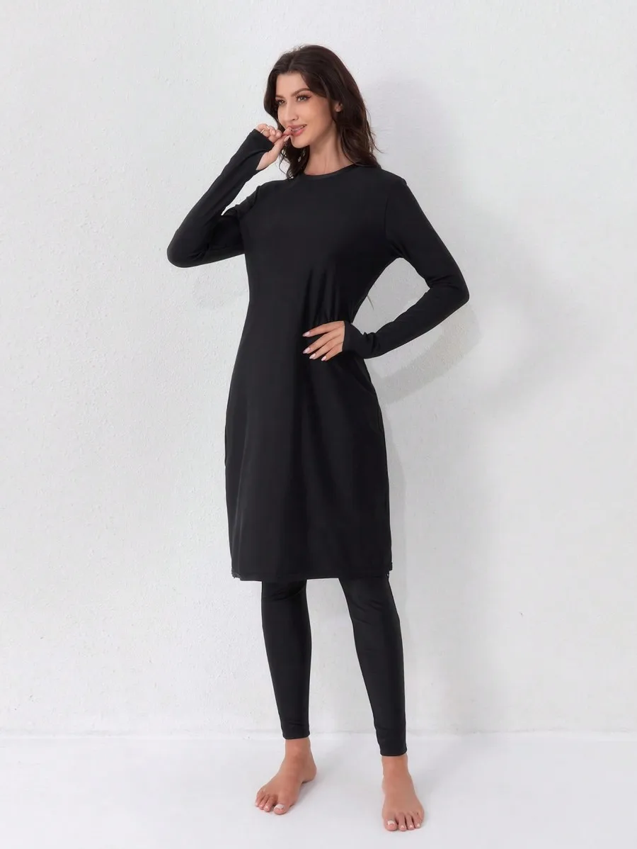 Muslim women's casual swimsuit two-piece set swimsuit round neck conservative finger buckle style black dress high waisted pants