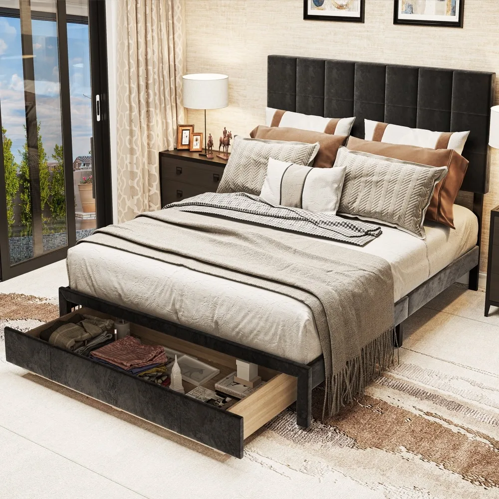 

Upholstered Bed Frame, Platform Bed Frame with Storage Drawers, Queen Size Bed Frame Velvet Headboard Wingback, Dark Grey