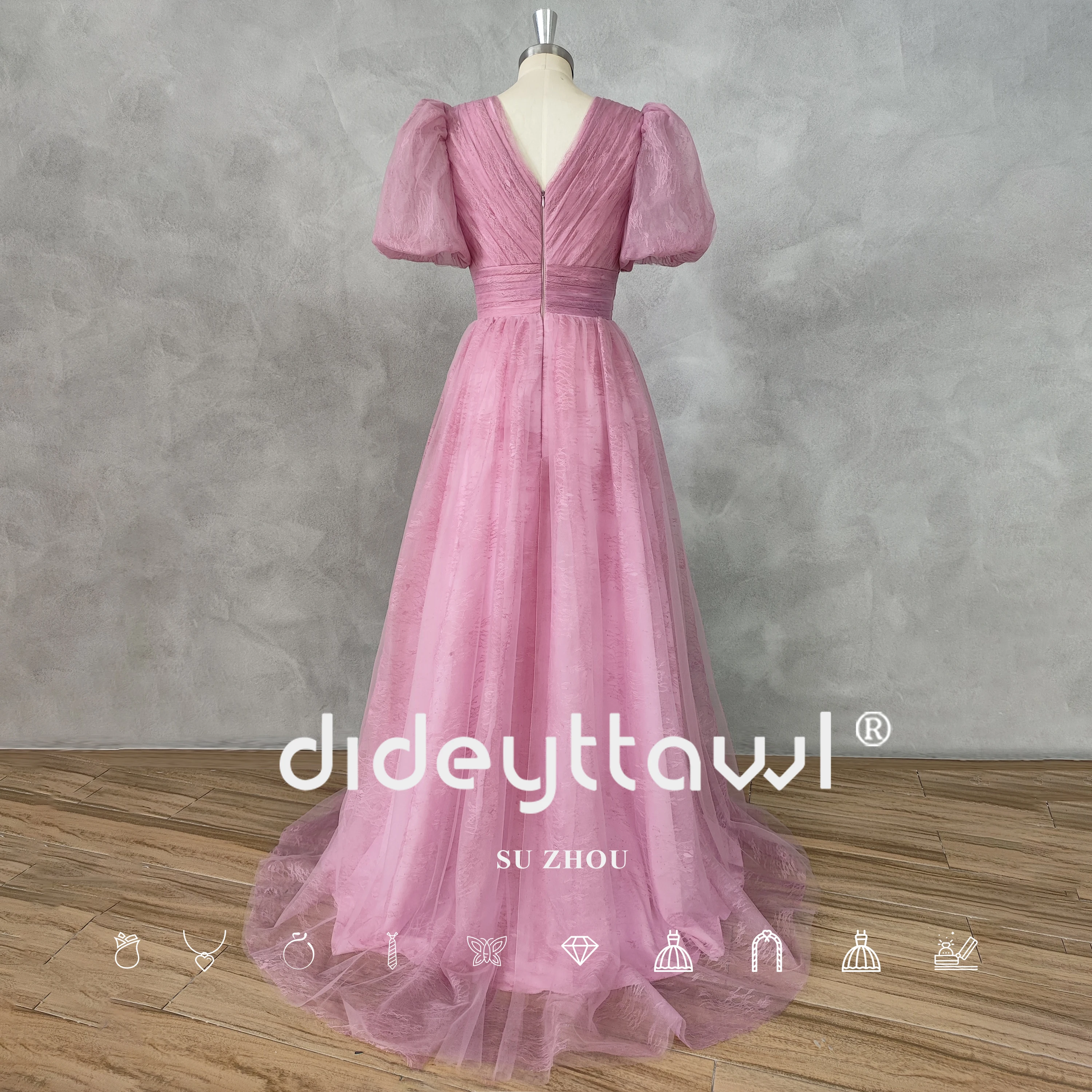 DIDEYTTAWL Real Photos Pink Deep V-Neck Puff Sleeves Prom Dress Pleat A Line High Side Slit zipper Back Sweep Train Evening Gown