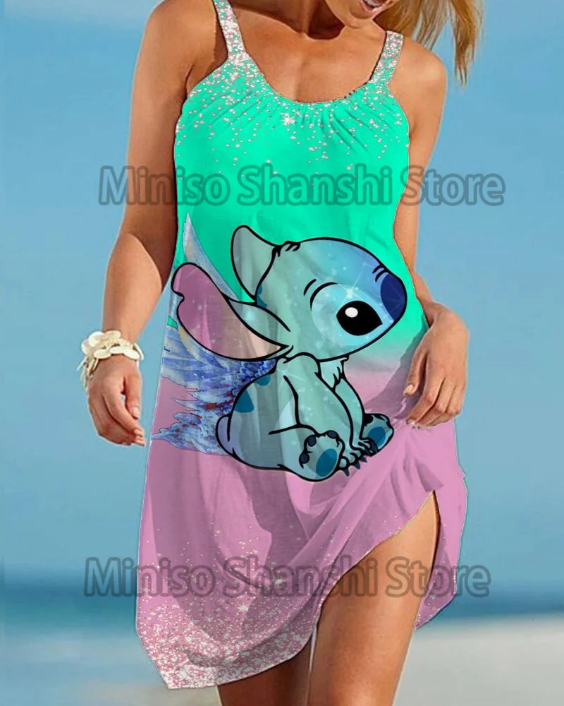 Disney-vestido con estampado de tirantes para mujer, ropa Sexy holgada para playa y ocio, Stitch, novedad de verano, 2024