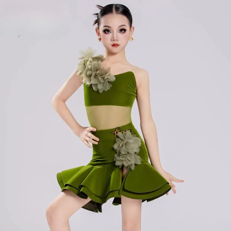 

Темно-зеленый модный летний костюм для латиноамериканских танцев, одежда для детских тренировок и выступлений, наряд для групповых выступлений.