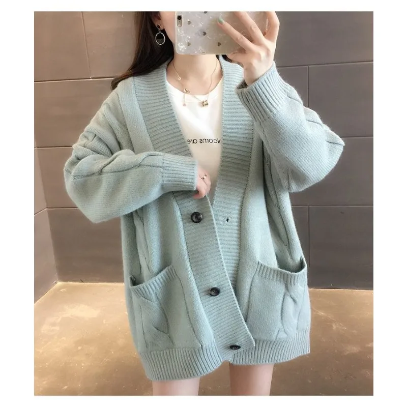 

Autumn Winter New V-neck Mid-length Outer Wear Knitwear Women's Cardigan Solid Color Sweater Jacket Versatile Loose Casual