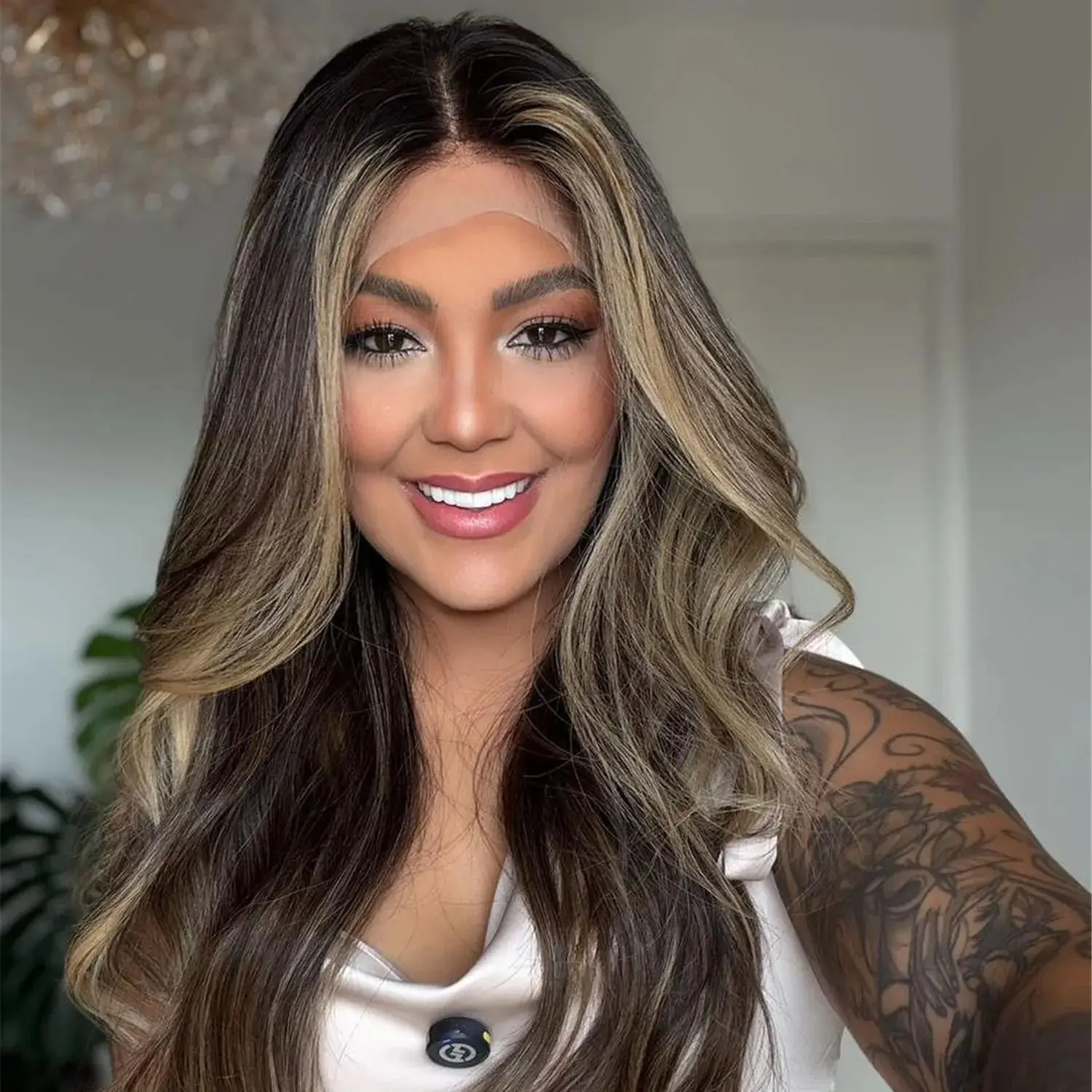 

Синтетические парики с коричневыми прядями и светлым балаяжем, с кружевной передней частью 13*4 HD, волнистые, термостойкие, без клея