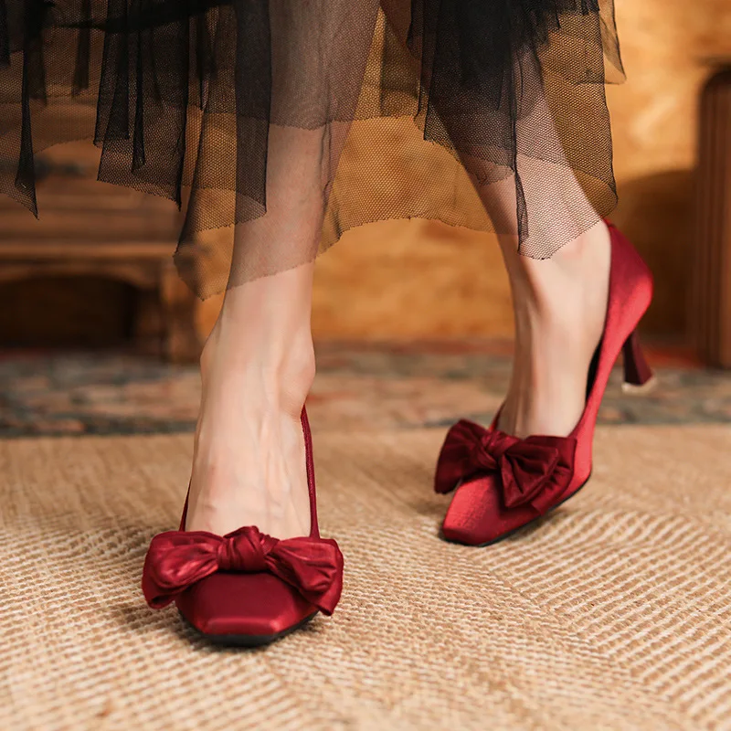 

Elegant Women's Wedding Shoes Exquisite Bow Square Head High Heels for Woman French Casual Shoes Designer Shoes Zapatos De Mujer