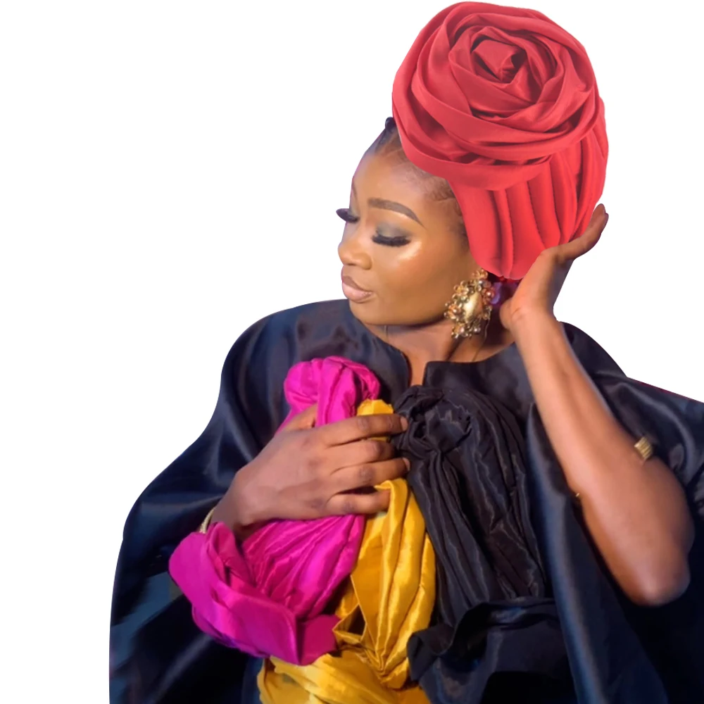 Big Rose Flower Turban Cap for Women Raw Silk Head Wraps African Lady Head Cover Hat Nigeria Wedding Party Headgear