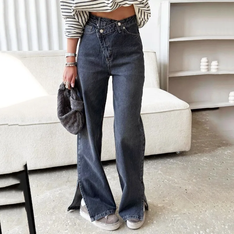 Europese Amerikaanse broek dislocatie jeans dames herfst ontwerp gevoel hoge taille split rechte broek aangepaste buitenlandse handel