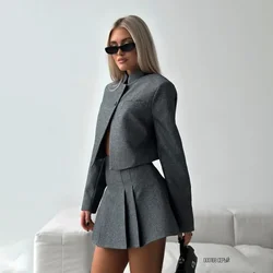 Shpmishal 2024 Autumn New High-end Stand Up Collar Cardigan Women's High Waisted Pleated Skirt Two-piece Set Female Clothing