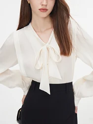 FSLE French Style Bow Ribbon Shirt Women Autumn 2024 New Elegant Satin Versatile Casual V-neck Top 24FS13081