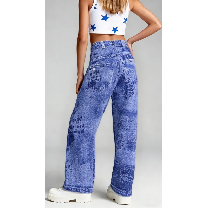 2025 Girls Fake Ripped Imitation Denim Wide-leg Pants - Cartoon Graffiti Print Fashion Street Style Imitation Denim Trousers