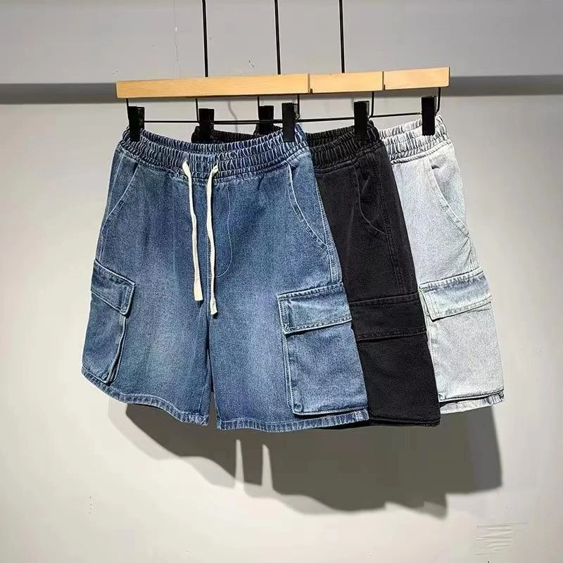 TRSYPHXM 2025 new Korean workwear elastic waisted denim shorts men's cropped pants summer new casual loose mid length pants