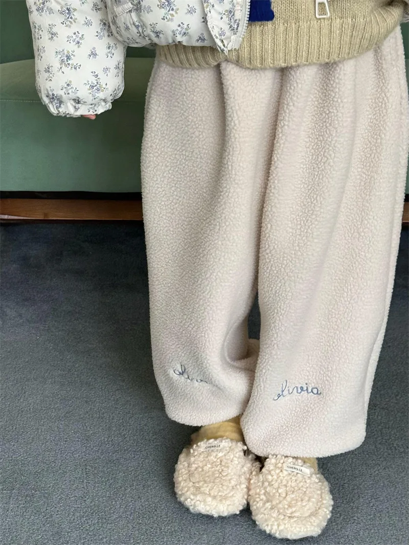 2024 Winter New Children Lamb Cashmere Warm Trousers Girls Plus Velvet Thick Casual Pants Kids Boys Embroidery Sweat Pants