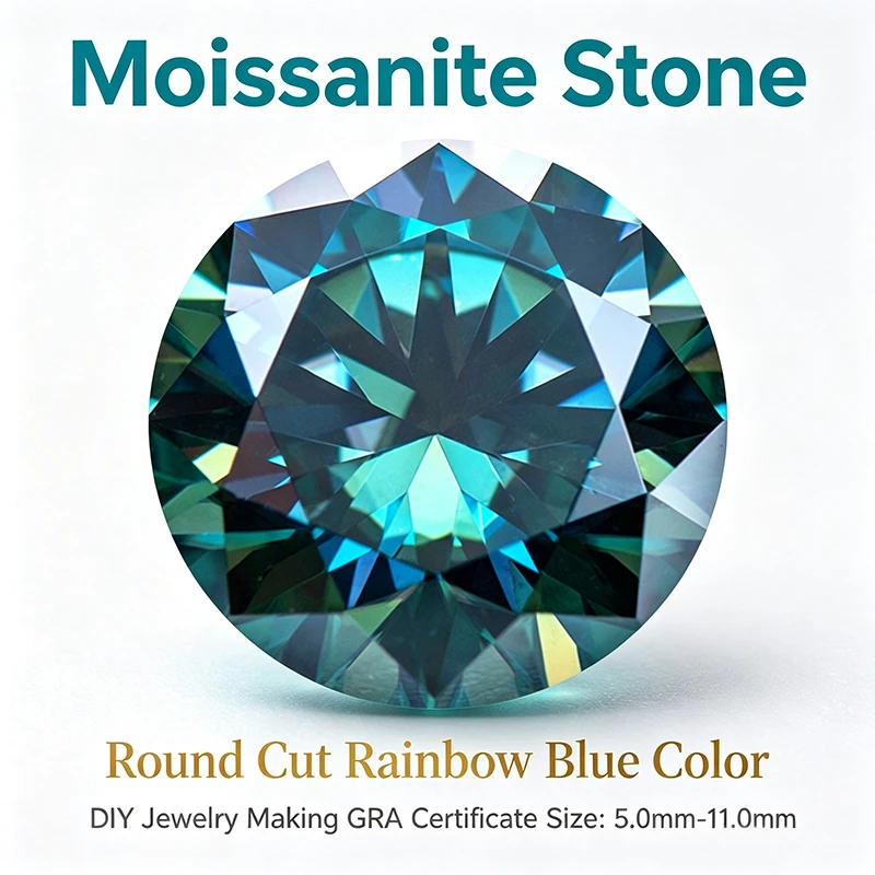 Pedra Moissanite Corte Redondo Cor Azul Arco-Íris para Fabricação de Joias DIY, Anéis, Colares, Brincos, Materiais Principais com Certificado