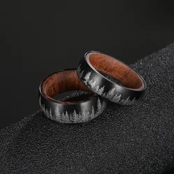 Forest Wolf Laser Pattern Stainless Steel Rings for Men Women Wood Inner Wedding Bands Punk Jewelry Party Gifts