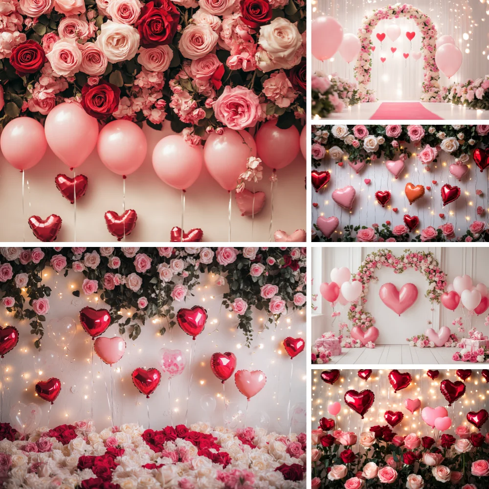 

Valentine's Day Photography Backdrop Pink Roses Love Heart Flowers Balloon Bridal Shower Wedding Party Decor Photo Background