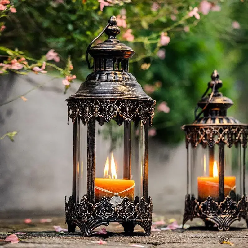 Iron Glass Candle Holder Home Decor Retro Moroccan Style Wind Lamp Outdoor Courtyard Decorative Candlestick Hanging Artwork