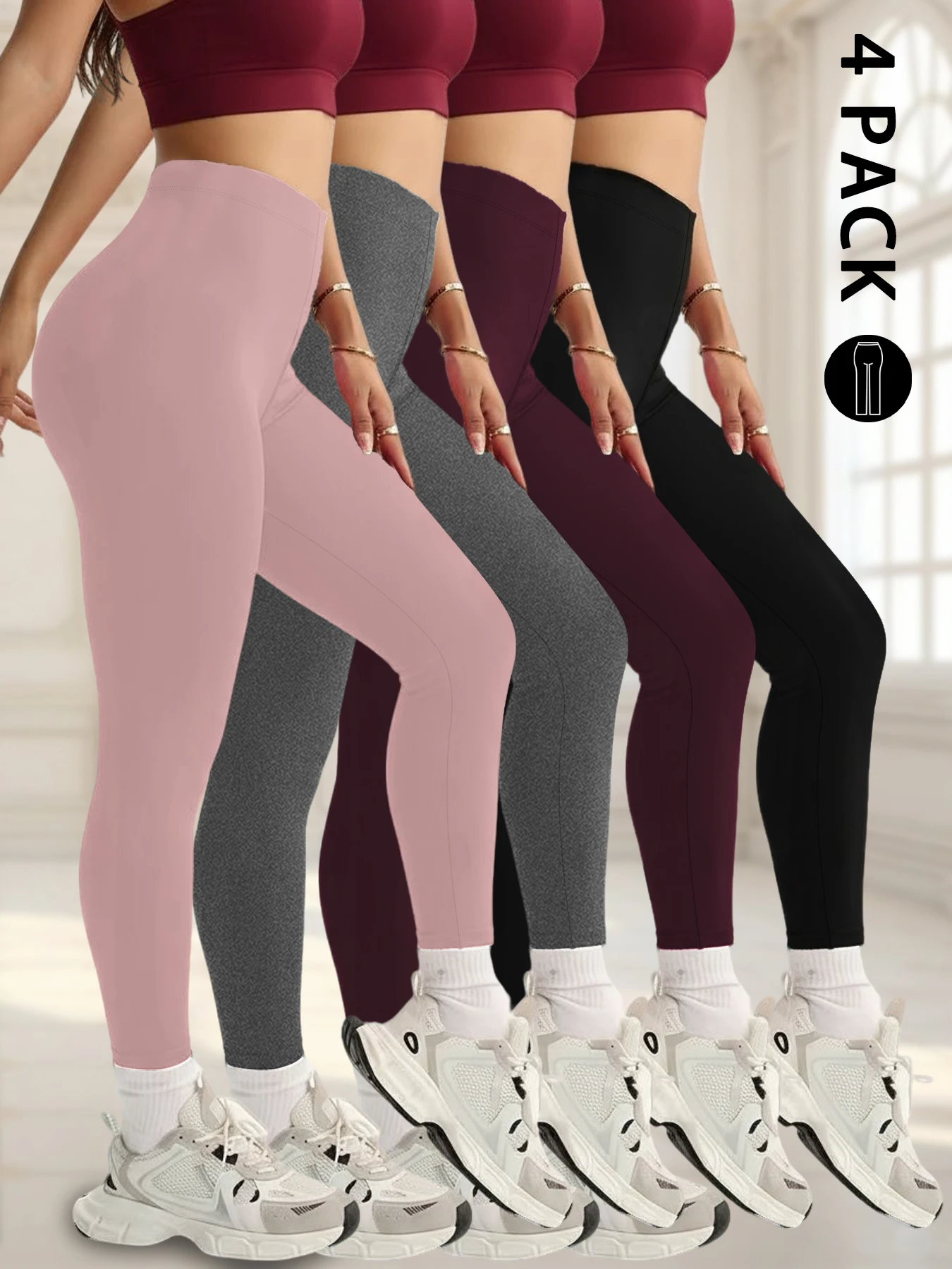 

4 Pack Women's Low Rise Stretchy Leggings - Super Soft High Elastic Tights for Running Workout Training and Daily Life