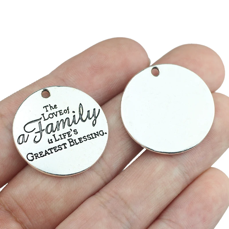 10 Piece 25mm Antique Silver Plated Round Disc Letter Charms The Love of a FAMLIY is LIFE’s GREATEST BLESSING Word Pendant