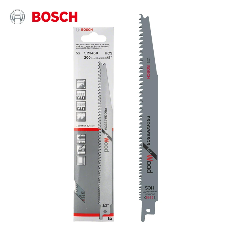 Bosch S2345X Reciprocating Saw Blades 200mm 5Pcs, High Carbon Steel Variable TPI S-Shank for Wood Plastic Cutting