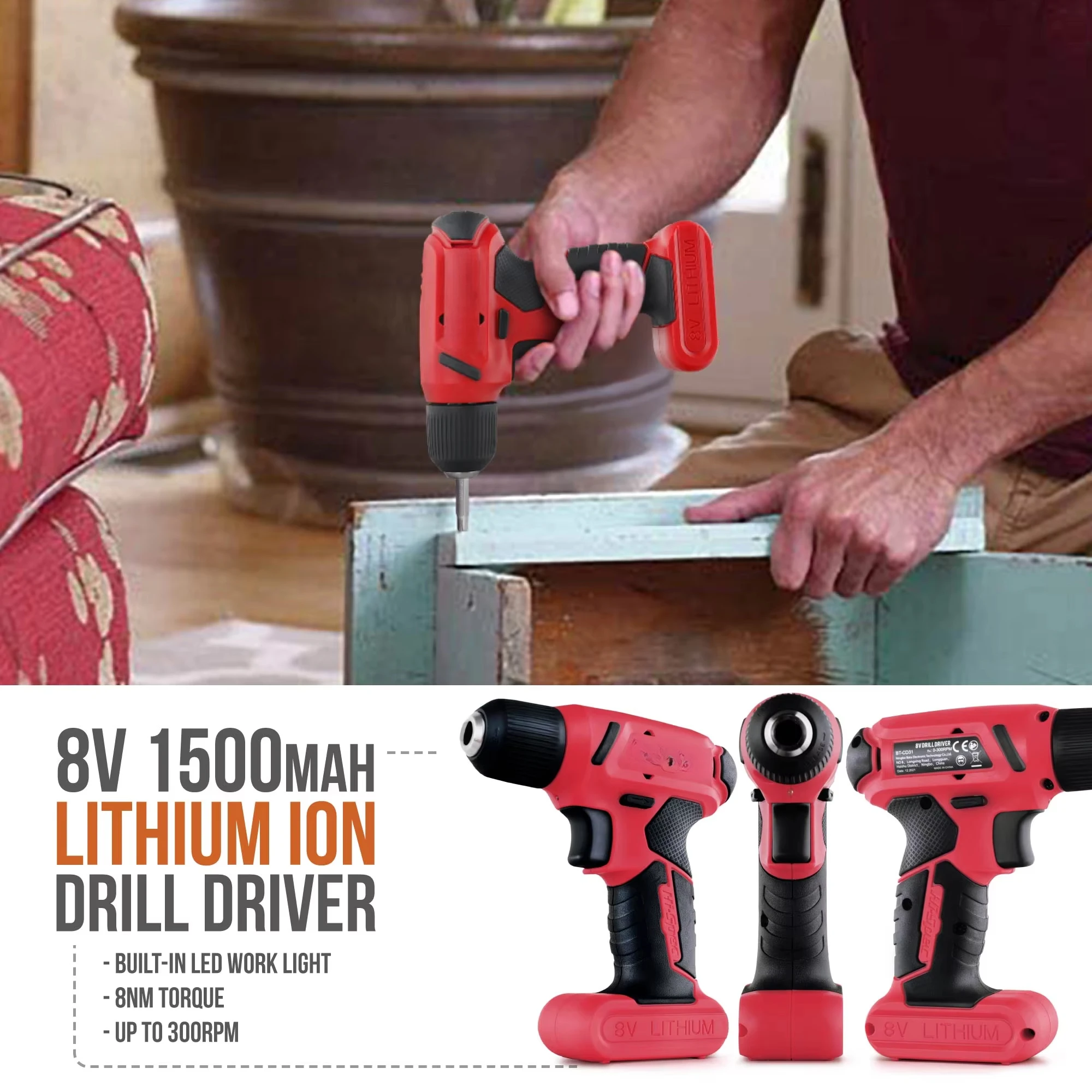 57pc 8V Red USB Cordless Electric Power Screw Driver & Drill. Home DIY Repair Hand Tool Kit Set in Tool Box Case. OEM ODM Ready