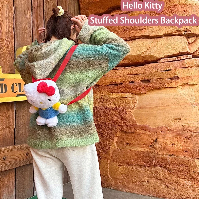 

Эстетический плюшевый рюкзак Hello Kitty, мягкий пушистый аниме-дизайн, милая школьная сумка большой вместимости для девочек с регулируемыми ремнями Kawaii
