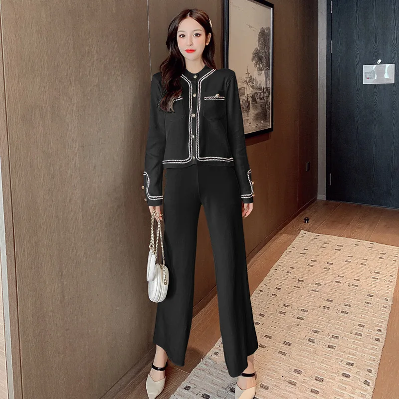 Elegant Women Knitted 2 Piece Sets Korea Casual Sweater Cardigan Tops Ensemble High Waist Ankle Length Wide Leg Pants Conjunto