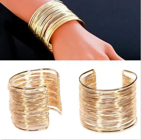 Punk Multilayer Strings Bracelet Zinc Alloy Wire Opening Cuff Bangle For Women Glittering Wrap  Open