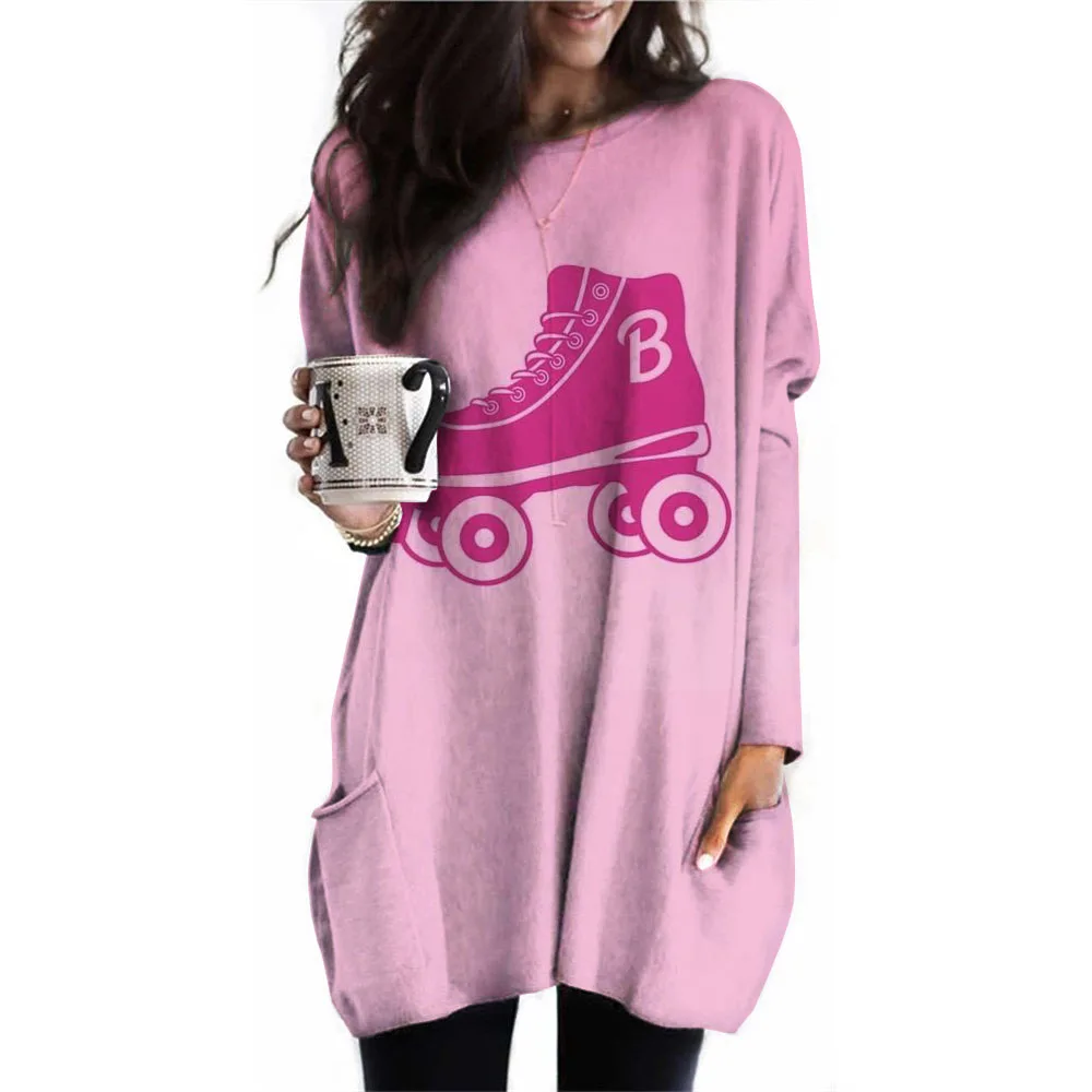 2024 Barbie Princess printed Spring and Autumn women's long sleeved round neck oversized T-shirt s-3XL plus size casual loose po