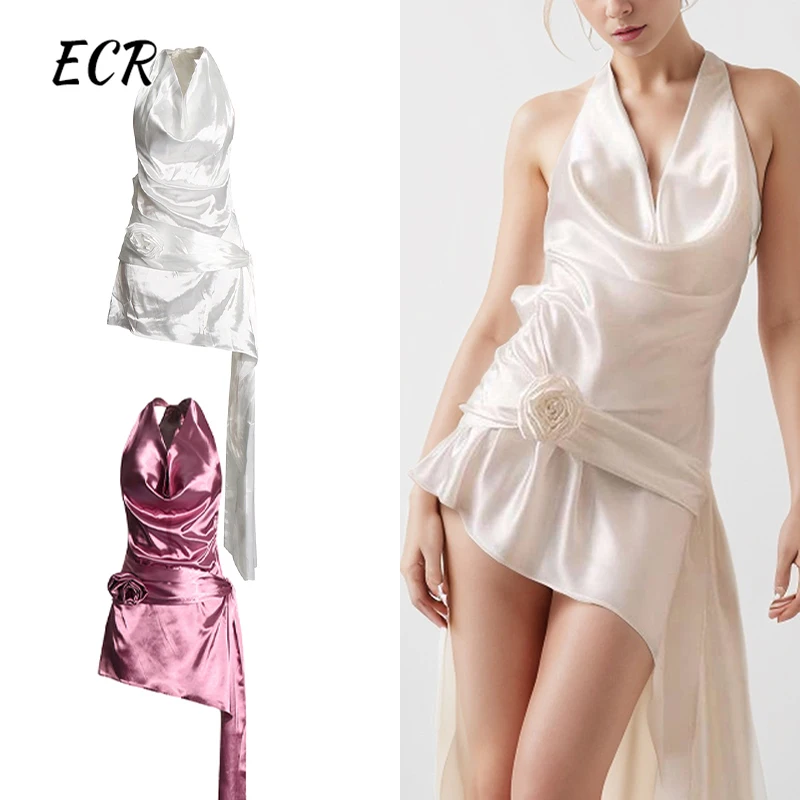 

ECR Solid Patchwork Appliques Backless Dress For Women Halter Sleeveless High Waist Spliced Lace Up Slimming Sexy Dresses Female