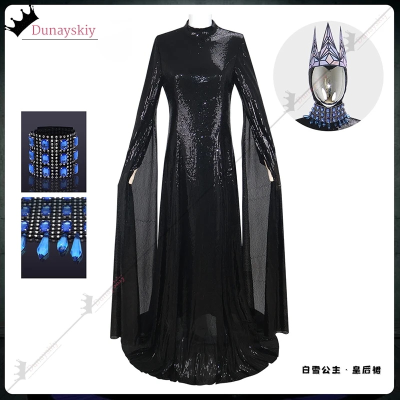 Злая Королева Косплей Костюм Фильма Черный Яркий Блесток Длинное Платье Корона Ожерелье Кольца Ювелирные Изделия Аниме Костюм Для Ролевых Игр Женский xs-3xl