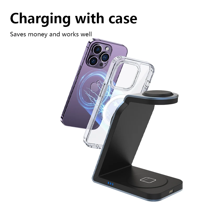 15W 3-in-1 Metal Magnetic Wireless Charger for iPhone iWatch AirPods Qi Certification Desktop Phone Holder Quick Charging Base