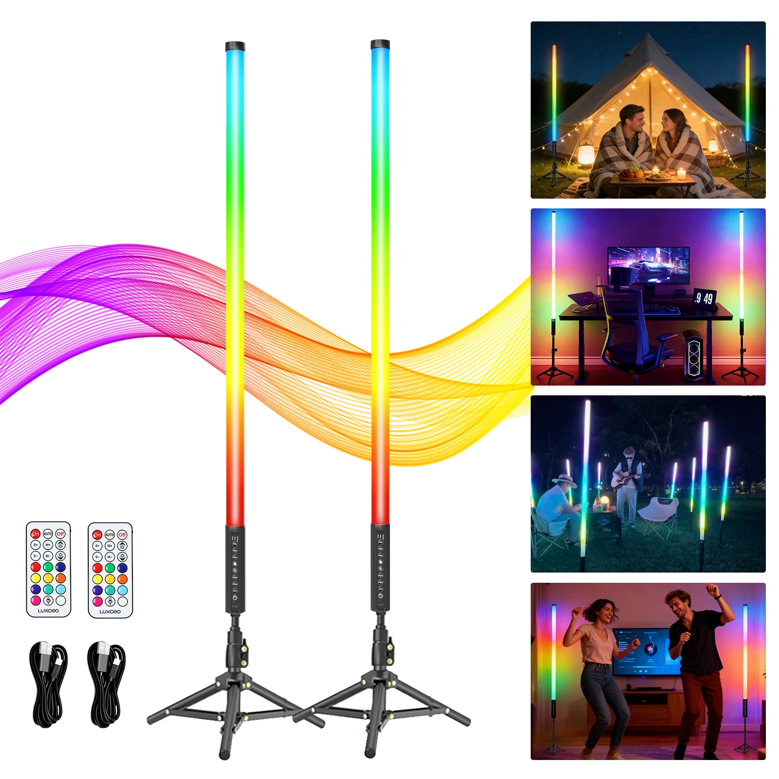 2pcs RGB Tube Lights,90cm Music Sync LED Floor Lamp,Remote Control Stage Corner Bar Party Decor,5000mAh Rechargeable DJ Lighting