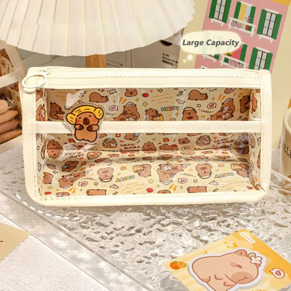 Large Capacity Capybara Pen Bag Triangle Base PVC Pencil Case Waterproof Transparent Stationery Bag Gift
