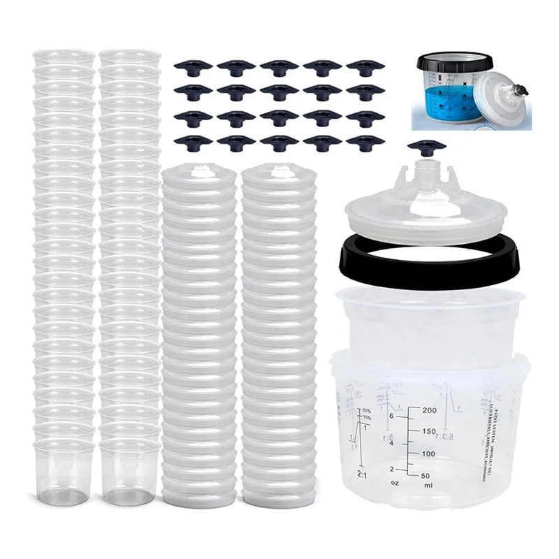 NEW-Spray Guncup Liner And Lid Or Car Paintgun,50-Pack Spray Paint Guncups With Lid,1 Hard Cup With Retaining Ring