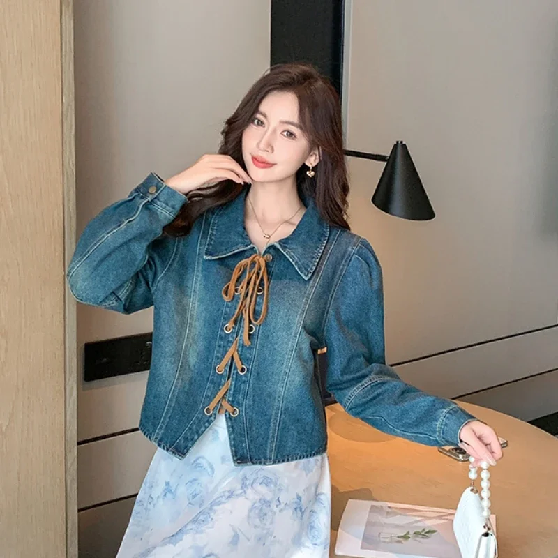 

Korean Chic Denim Shirts Women Bandage Turn-down Collar Loose Long Sleeve Shirts Vintage Casual All Match Fashion Elegant Tops