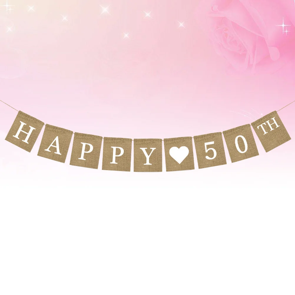 

Stylish Burlap Banner Happy 50th Birthday Party Bunting Pull Flag Decorations Indoor Outdoor Event Burlap Banner
