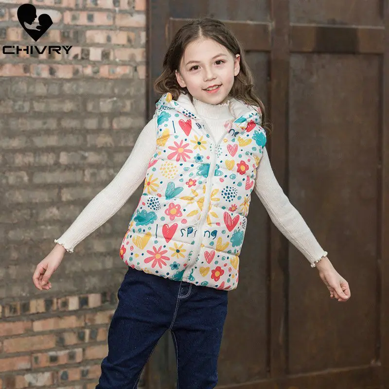 2022 Autumn Winter New Boys Girls Sleeveless Hooded Wool Vest Jacket Cartoon Print Coat Kids Warm Cashmere Vest Outwear Clothes