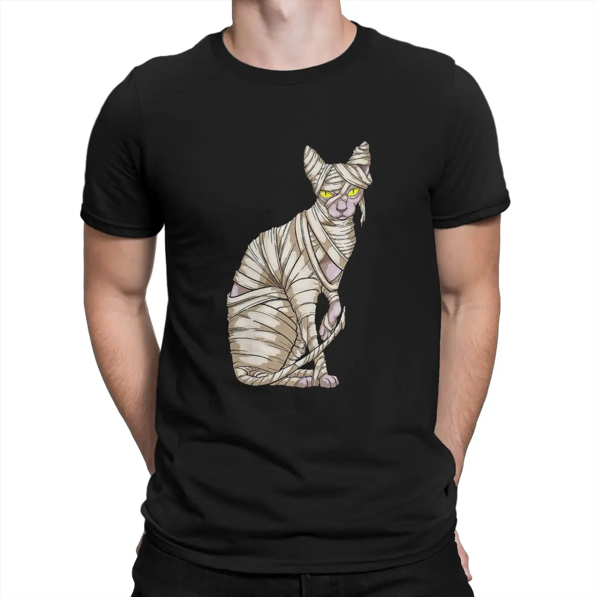 Canadian Sphynx Cat Creative TShirt for Men Mummy Hairless Round Collar Pure Cotton T Shirt Distinctive Birthday Gift Streetwear