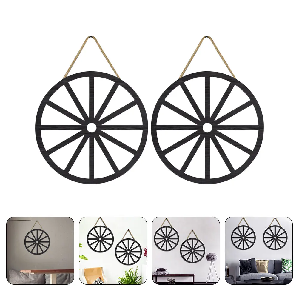 

2 Pcs Retro Wheel Decoration Old Farmhouse Craft Western Vintage Wood Wall Rustic Hanging Wooden