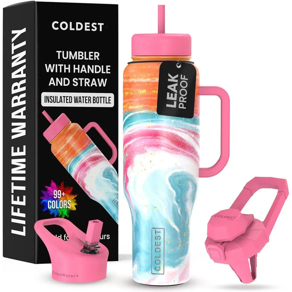 

Insulated Tumbler with Handle, 100% Leak-Proof, 46 oz, Amethyst Purple, 3 Lids Included