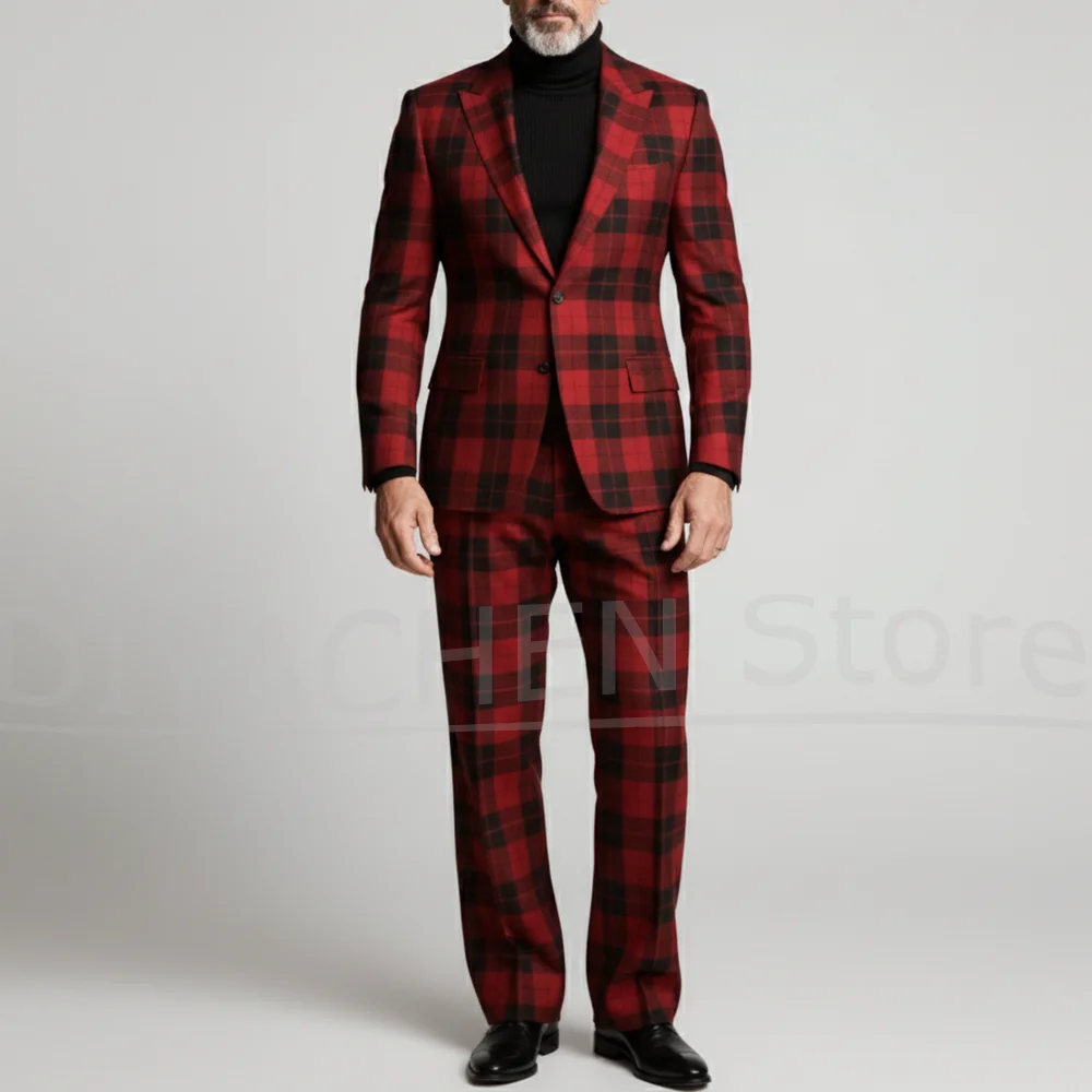 

Мужской красный, черный клетчатый костюм, комплект, однобортный, для вечеринки, свадьбы, модный, с лацканами, повседневный, тонкий, мужской костюм из 2 предметов