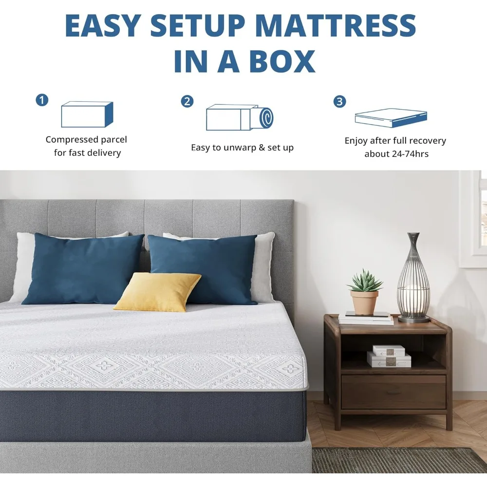 10インチクイーンマットレス、チャコール冷却ジェルメモリーフォームマットレス（箱入り）、グラスファイバー不使用、背中のサポートに適したミディアム硬度マットレス