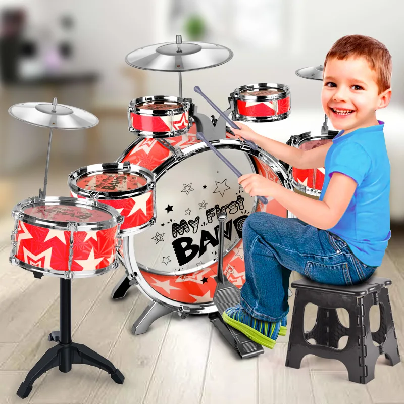 

5 6-Piece Kids Drum Set Drum Kit Jazz Drum Set with Folding Step Stool Cymbal Pedal Drumsticks Percussion Musical Instrument
