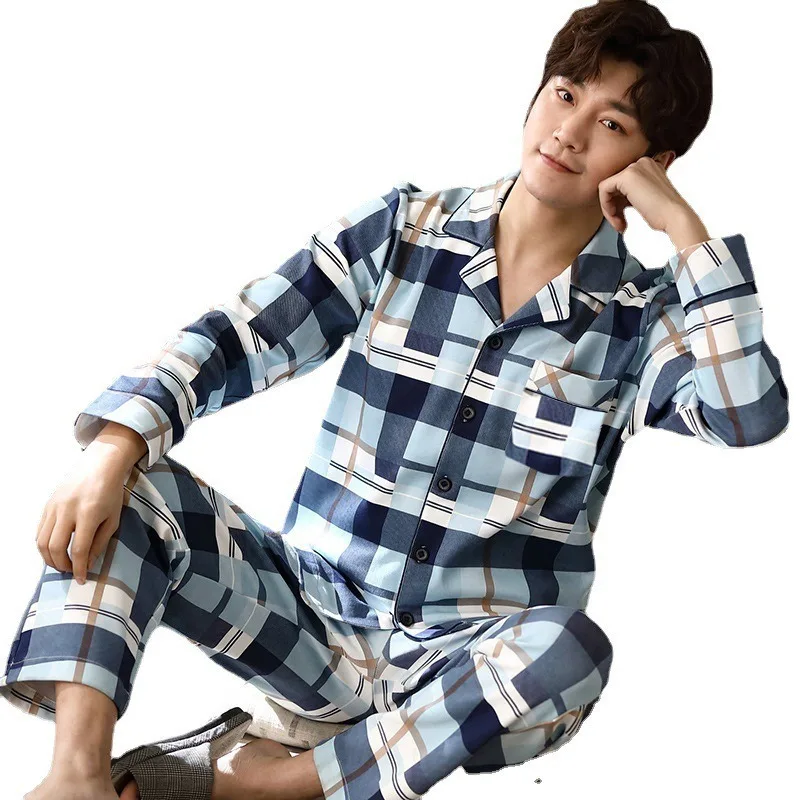 가을 잠옷 남성 긴 소매 단순 플러스 사이즈 격자 무늬 카디건 바지 편안한 통기성 줄무늬 프리미엄 잠옷