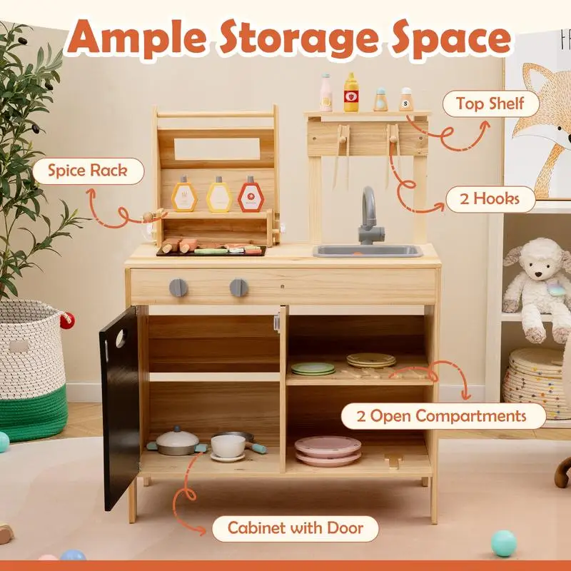 

Wooden Barbecue Grill Playset with Chalkboard and Sink and Cabinet-Natural