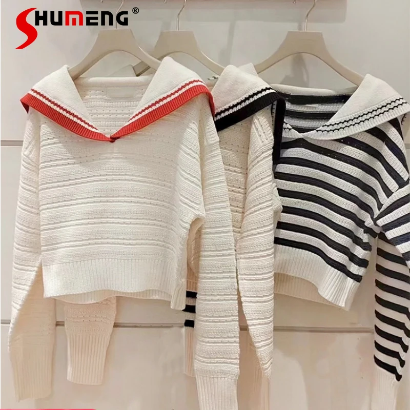 2024 Spring And Summer New Women's Clothing Japanese College Style Polo Collar Stripes Contrast Color Knitwear Jacket Pullovers