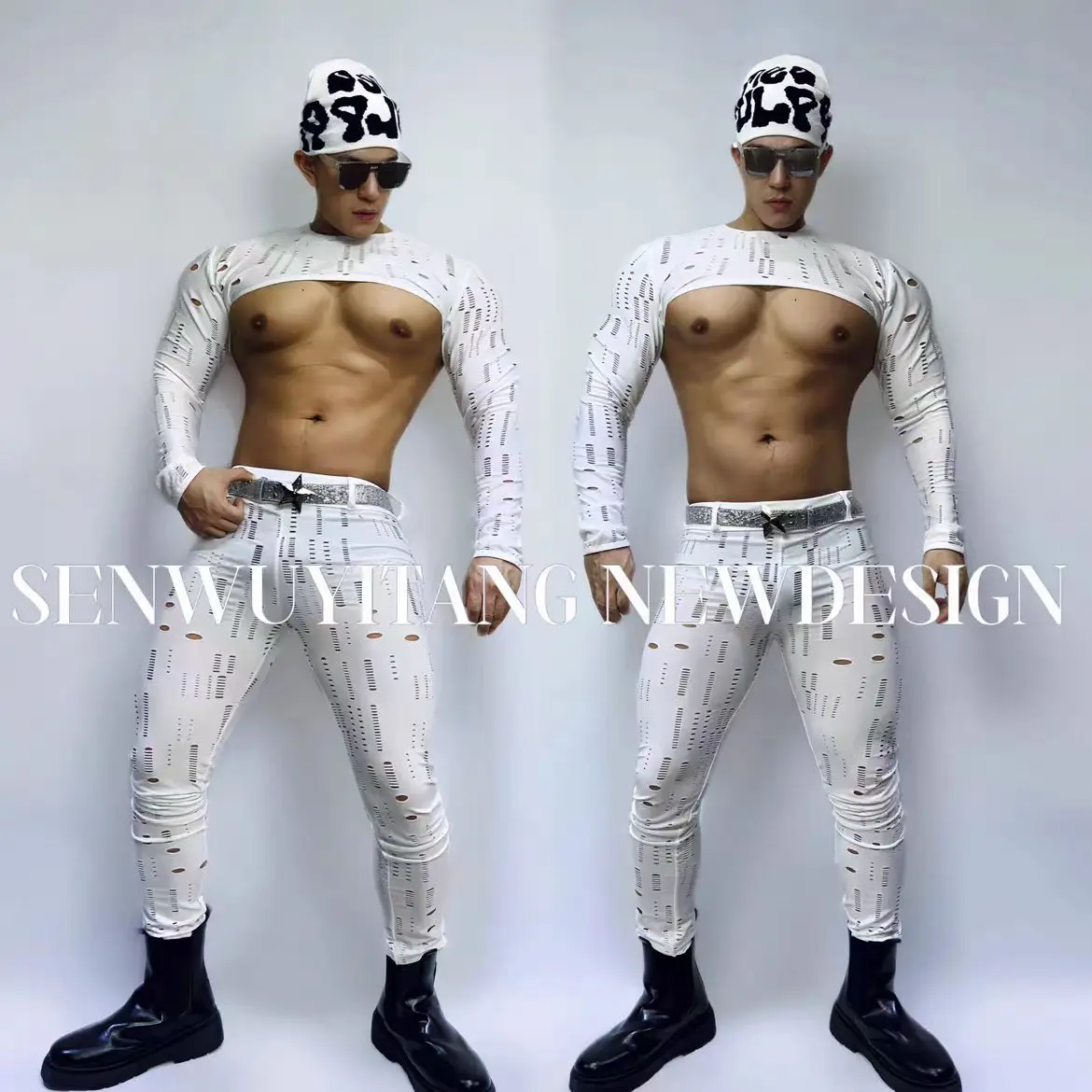 

New Sexy White Hole Set Bar Nightclub Male Female DJ Singer Leading Dance Performance Costume Holiday Party Theme Show Clothing