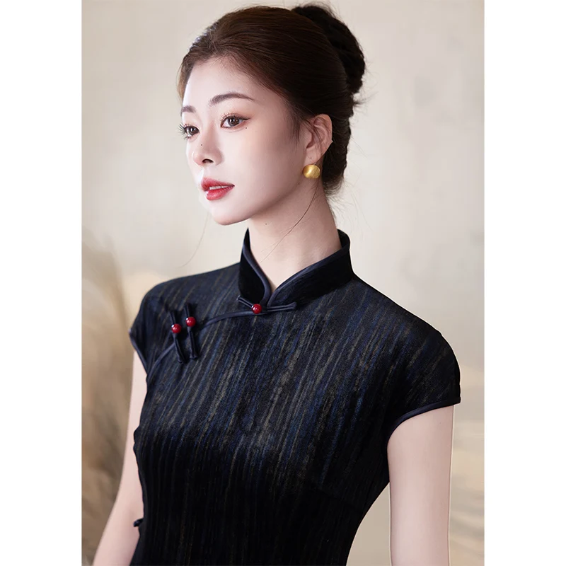 

Velvet Dr Ele Simple Daily Performance Retro Sle ort Sve Long Gown Low Slit for Women Faionable