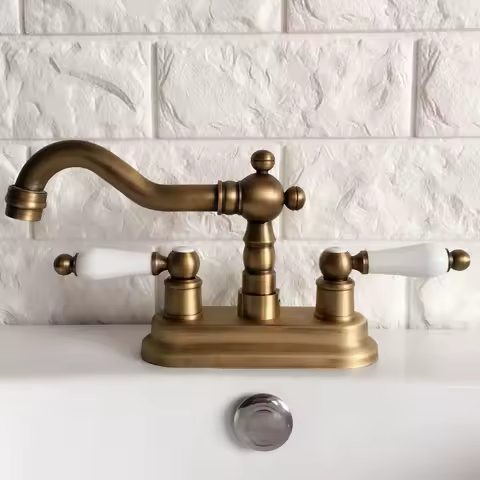 Antique Brass Deck Mounted 4" Centerset Bathroom Two Holes Basin Faucet Sink Mixer Tap Swivel Spout aan062
