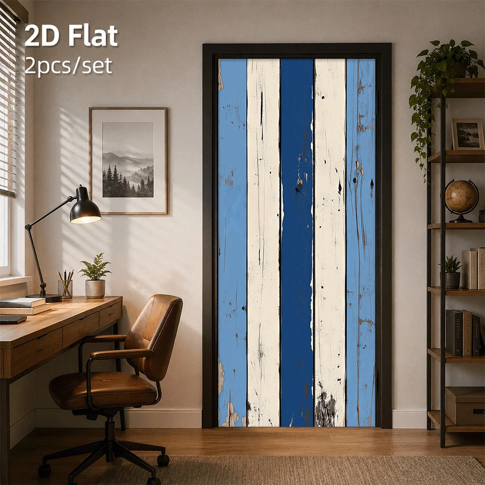 1 piece of retro wood grain door sticker with blue and white contrasting design, self-adhesive waterproof to create an American