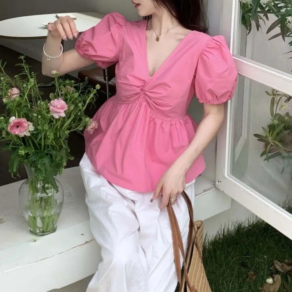 

Short Sleeved Female V-neck Tops Shirt Commuting Bottoming Shirt Pink Black White Solid Color Short T-shirts INS Korean Style